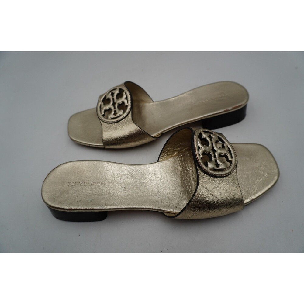 Tory Burch Miller Bombe Double T Logo Mule Sandals Gold Leather Women's Size 8.5